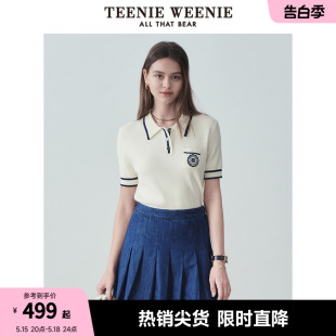 TeenieWeenie小熊2024年夏季新款针织POLO短袖T恤白色短款上衣女