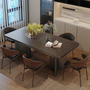 复古侘寂风黑色实木椅简约现代长方形岩板餐桌椅组合大户型设计师