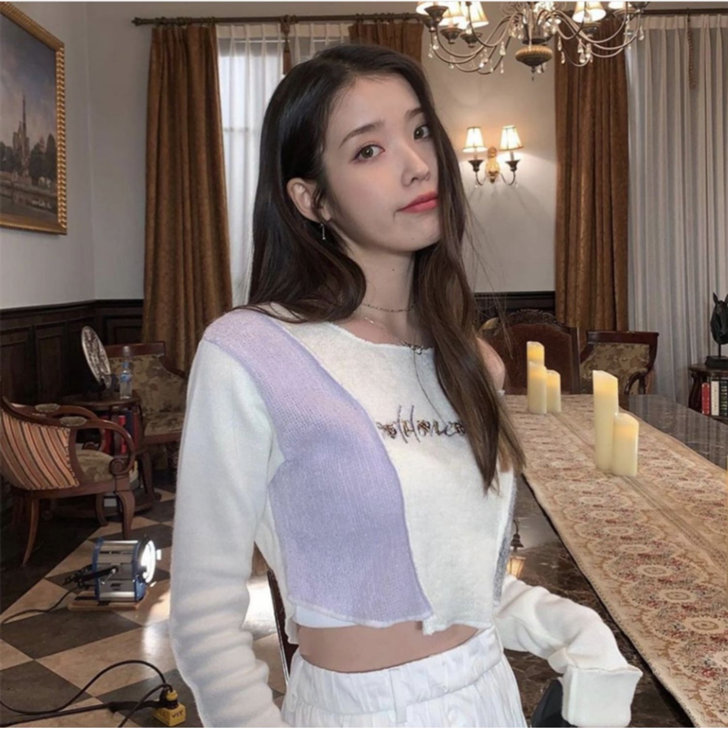 新款字母刺绣iu李智恩同款不规则拼接短款露肩长袖针织衫上衣