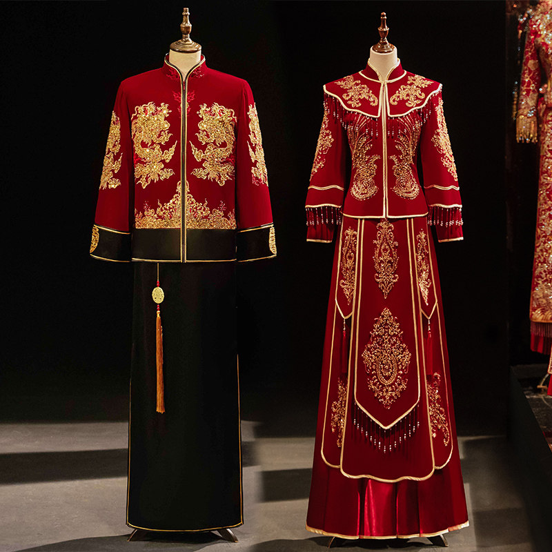 秀禾服新娘2022新款结婚婚纱中式嫁衣丝绒龙凤褂情侣款披肩秀和服