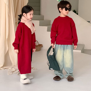 兄妹装红毛衣儿童春装男童毛线衣女童长款毛衣针织裙姐弟装韩系潮