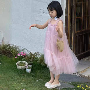 女童连衣裙2024夏款女孩韩版纯色公主裙纱裙儿童吊带裙洋气超仙气