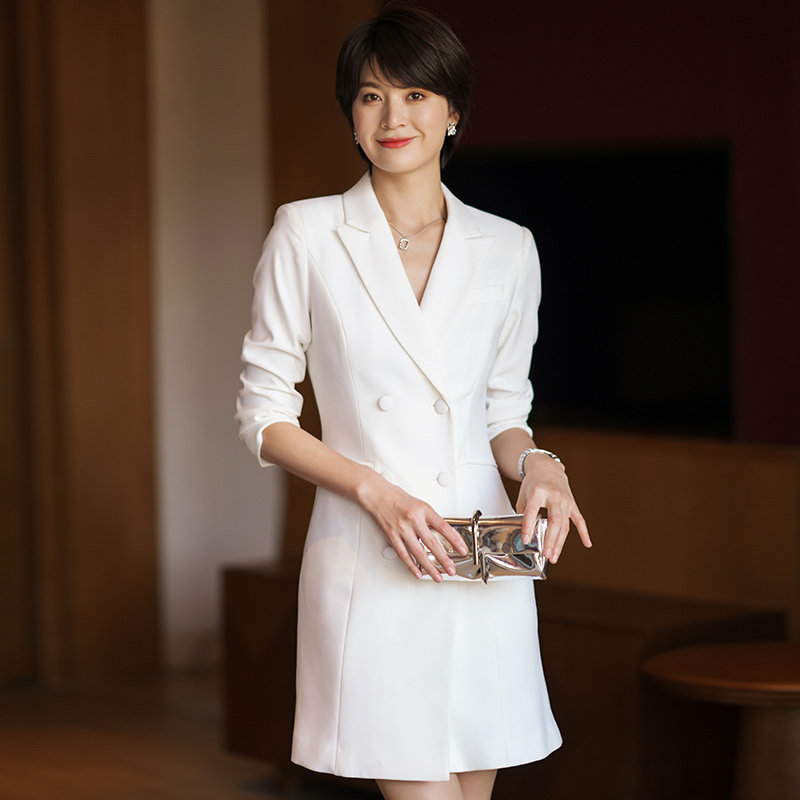 蒋菲菲白色连衣裙女春装新款时尚气质女神范职业装正装高级西装裙