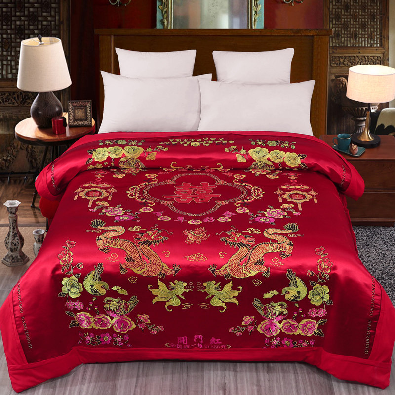 新款绸缎婚庆被套老式包边结婚被面子百子龙凤喜被丝绸红绿婚被罩