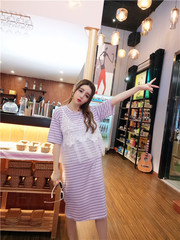 实拍2018年夏装新品 韩版 宽松显瘦条纹拼接蕾丝连衣裙