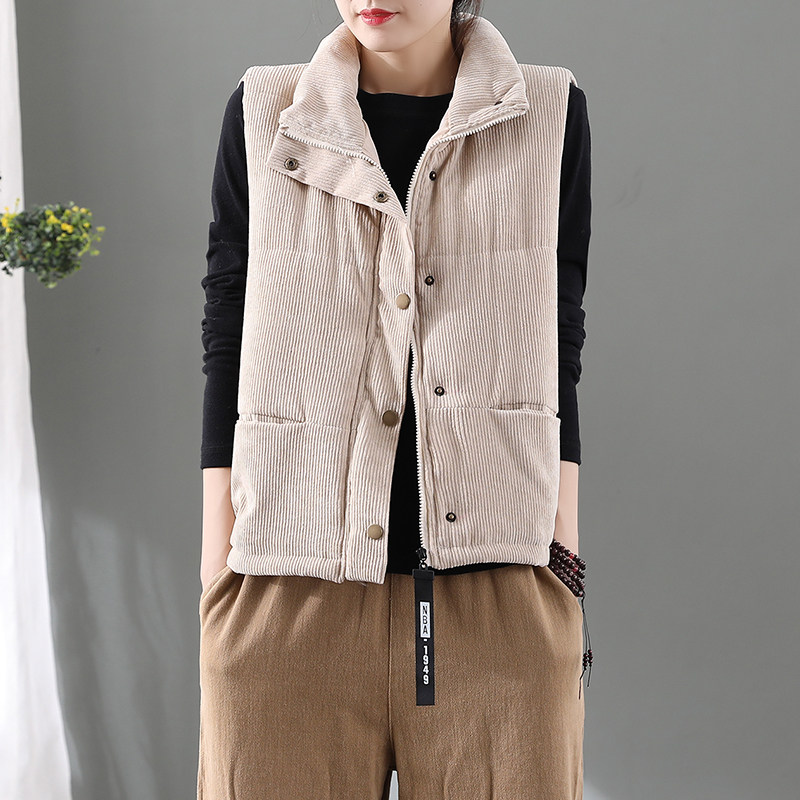 蒲席文艺复古休闲灯芯绒夹棉马甲女秋冬新款加厚保暖坎肩背心外套