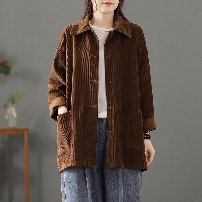 蒲席复古灯芯绒中长款外套女宽松百搭休闲开衫春秋季条绒长袖上衣
