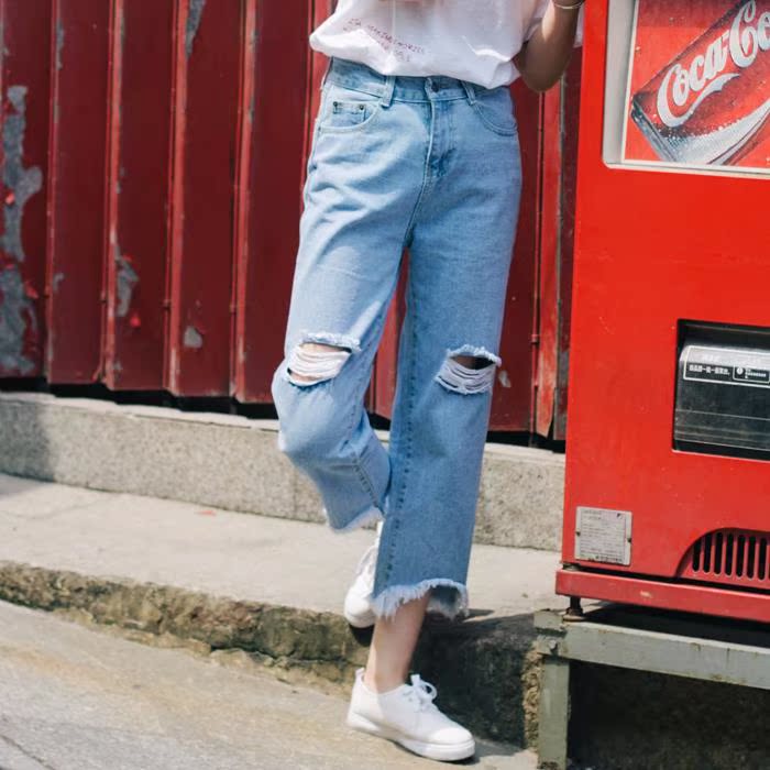 ins Ultra-fire hole Flash Jeans Spring new pattern Easy Versatile Paige Korean Edition Show thin Wide leg pantsin the Women's clothing/Boutique , Jeans category - from Buy2taobao.com to provide professional Taobao agent buy service