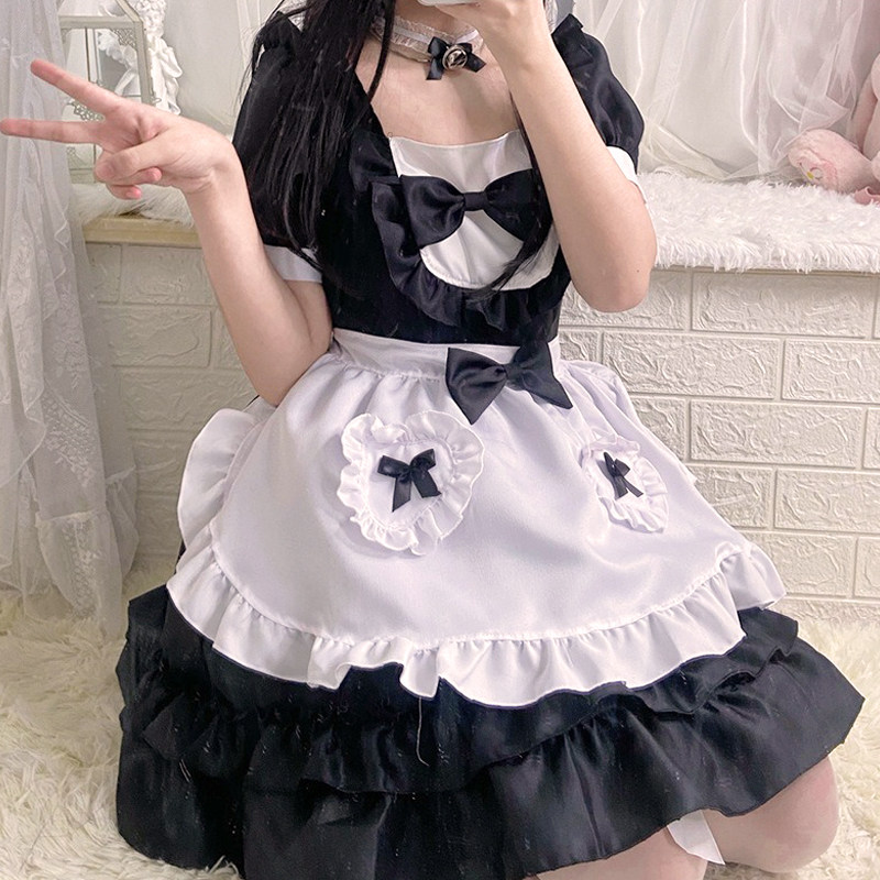 甜酷风女仆装日常款黑色哥特lolita连衣裙带围裙铃铛颈饰cos装