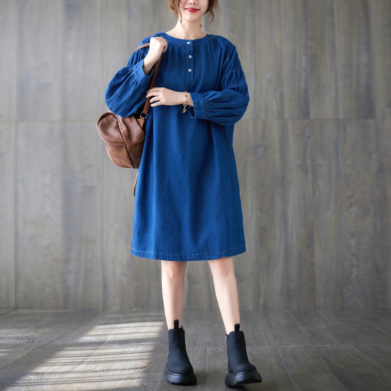 实拍韩版大码文艺范宽松牛仔裙显瘦遮肉连衣裙