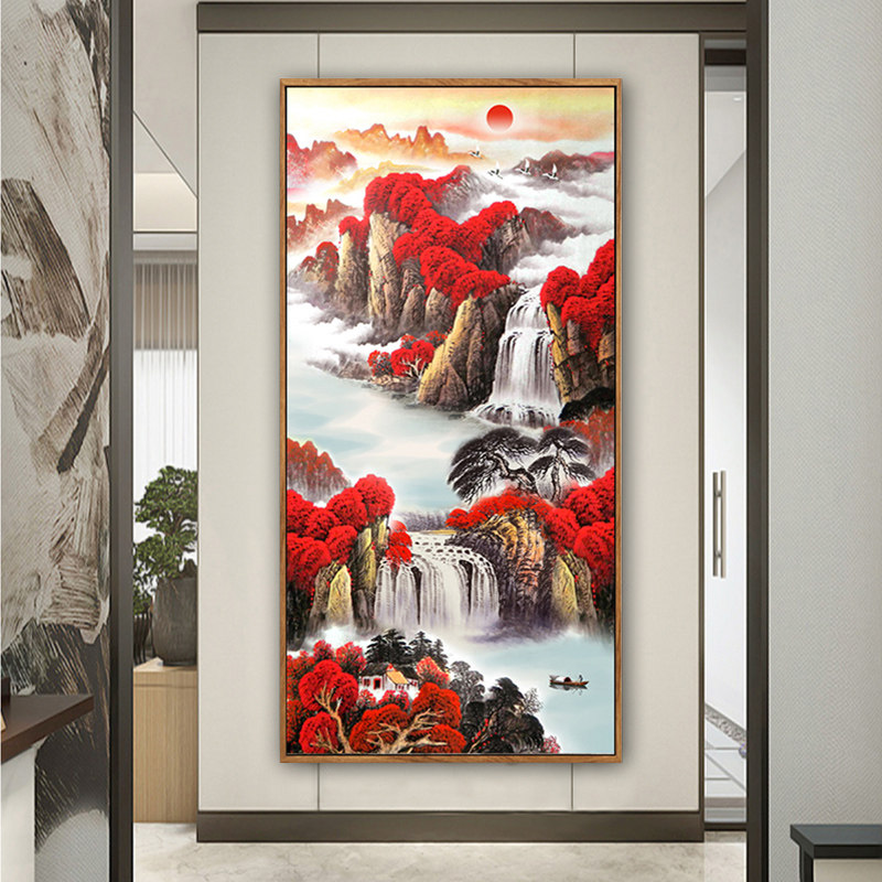 鸿运当头钻石画2022新款线绣玄关走廊大气山水风景画手工贴5d满钻