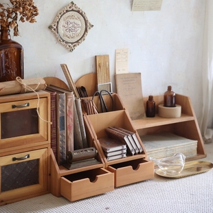 叁杉家居办公桌木质复古收纳盒书桌整理多层笔筒置物架桌面小书架