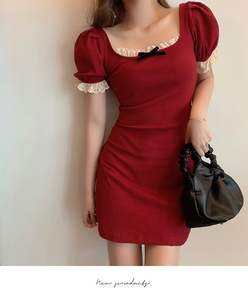 French retro square neck bubble sleeve dress women's summer waist knitting temperament is sweet