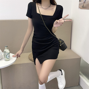 Summer dress square neck small black skirt slim dress