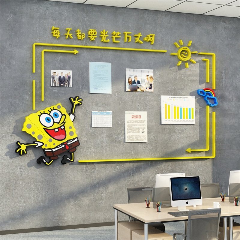 网红海绵宝宝公告栏展示板宣传墙贴团队风采企业文化办公室装饰品