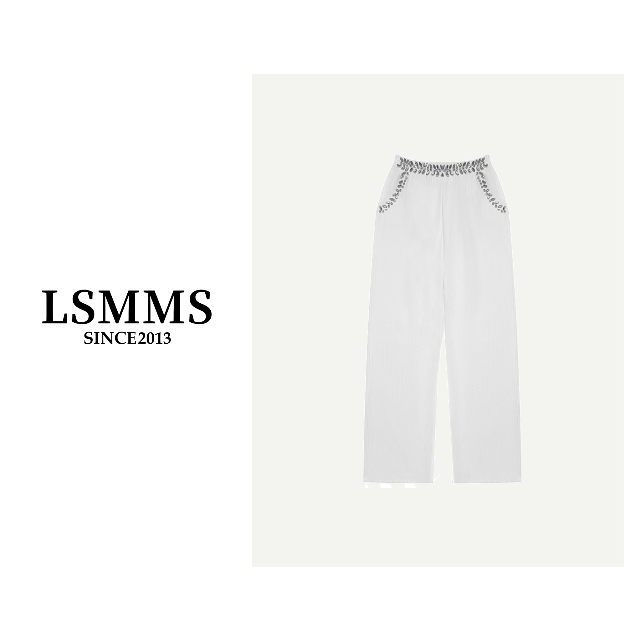 LSMMS【花样年华】时尚百搭重工钉钻高腰垂感直筒休闲白阔腿裤女