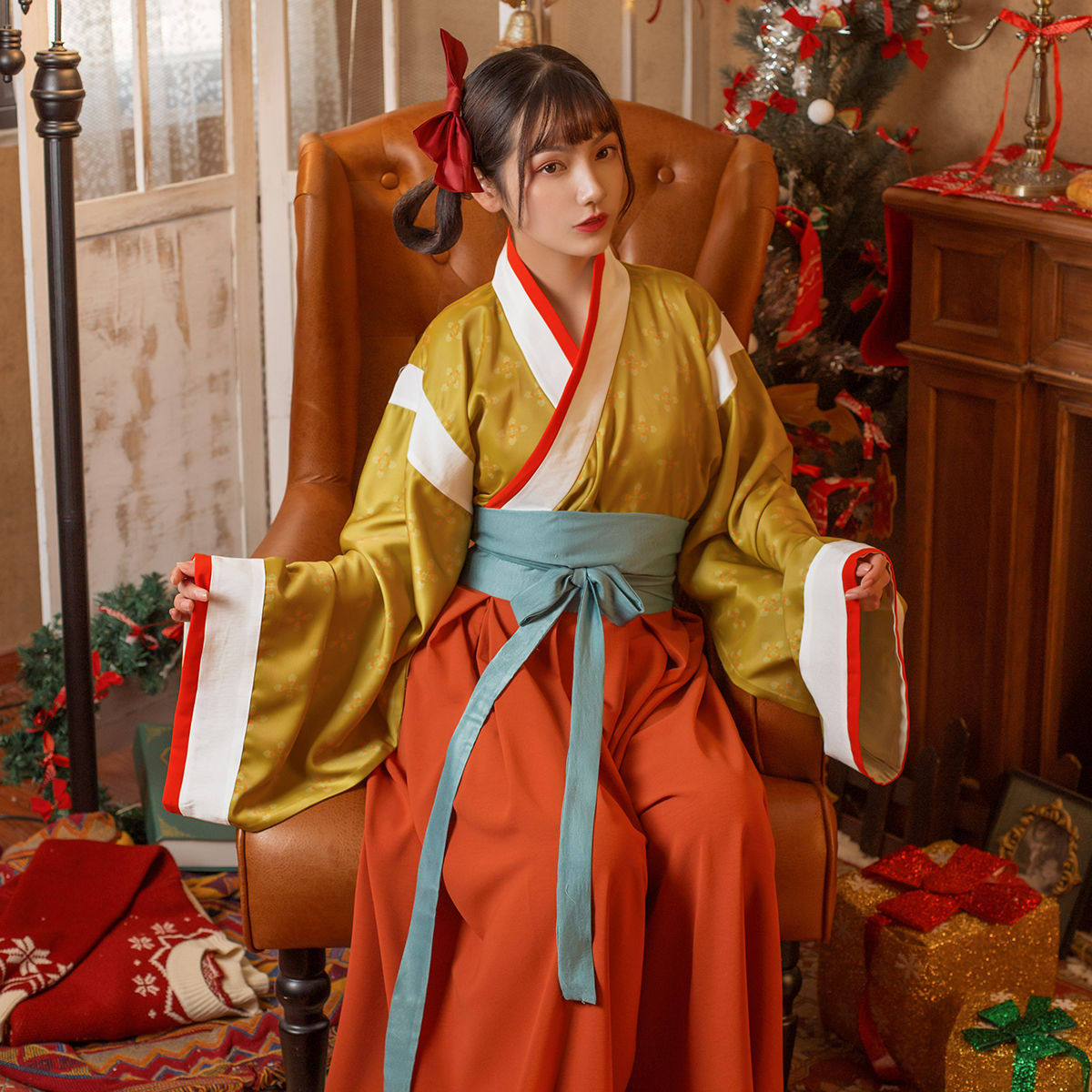 现货studio 从前的圣诞 原创印花晋制襦改良袴观止织造汉服女夏