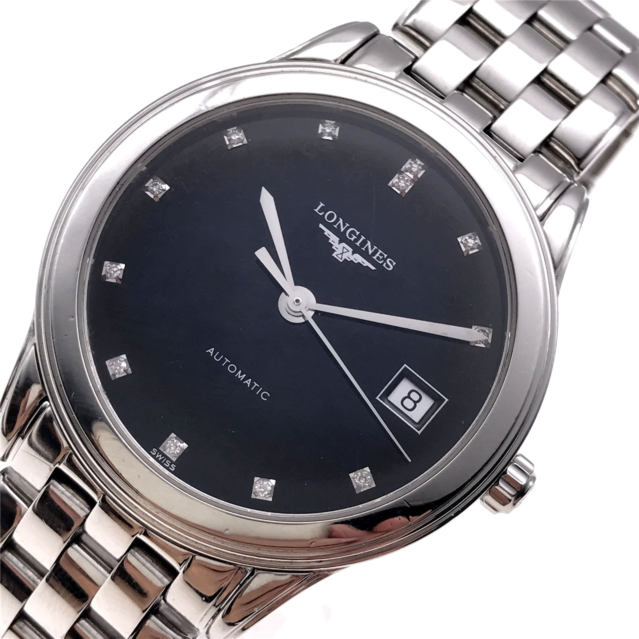 [9.0新]浪琴军旗系列精钢黑面钻石刻度自动机械男表