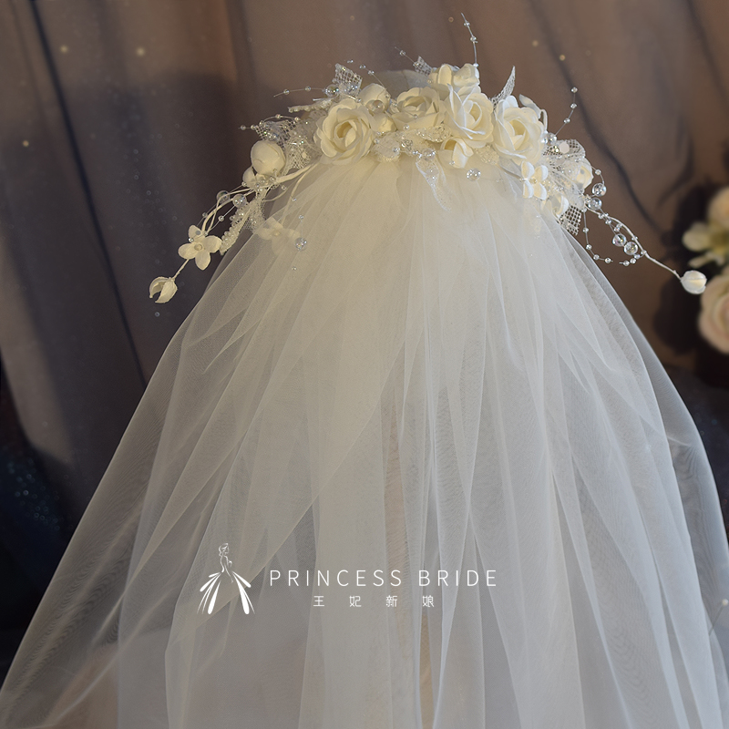 新娘头纱复古花朵蕾丝珠串超仙拍照氛围感气质公主结婚礼婚纱配饰