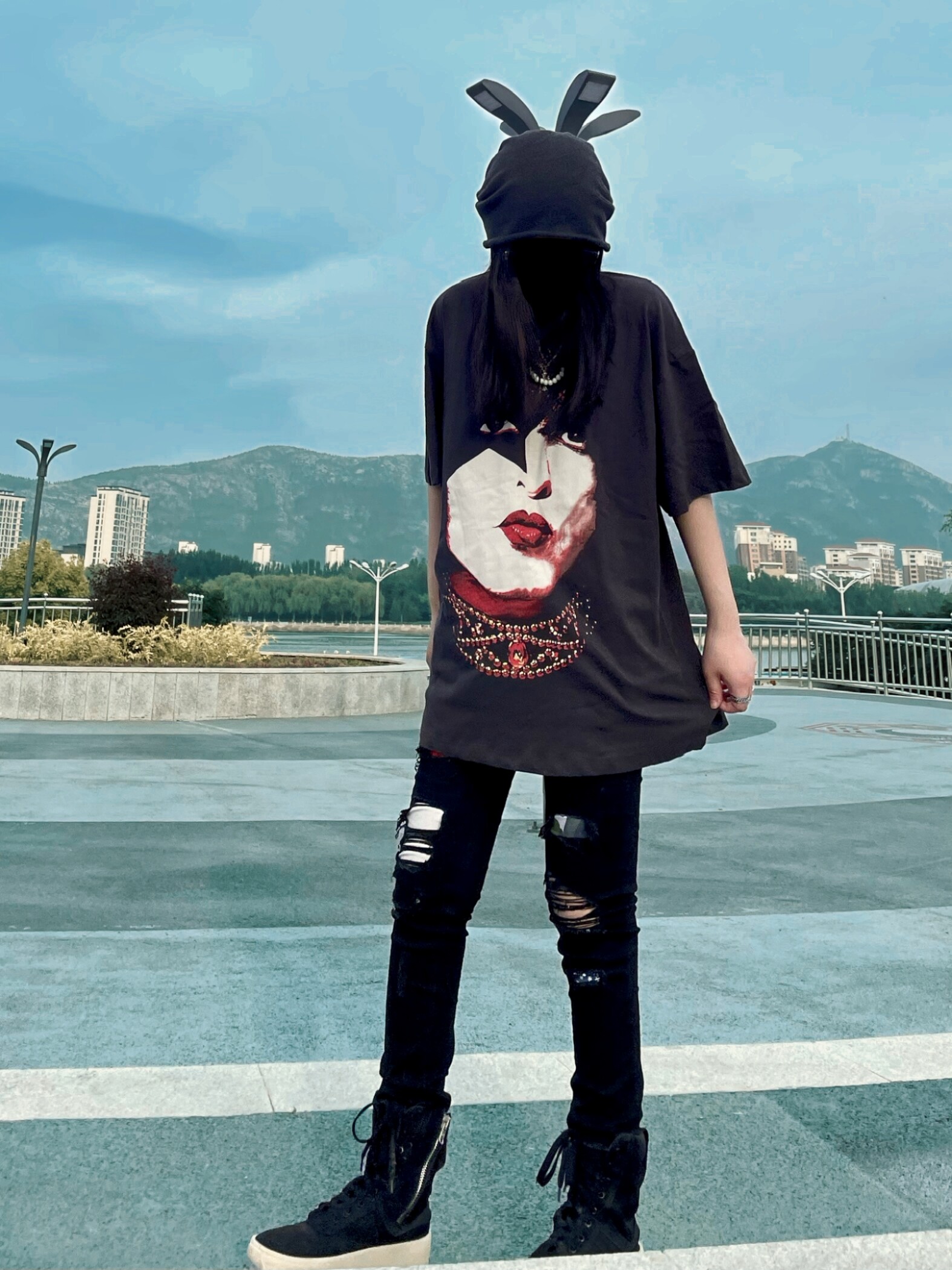 vintage复古水洗做旧短袖kissband乐队古着宽松fog高街图案t恤潮