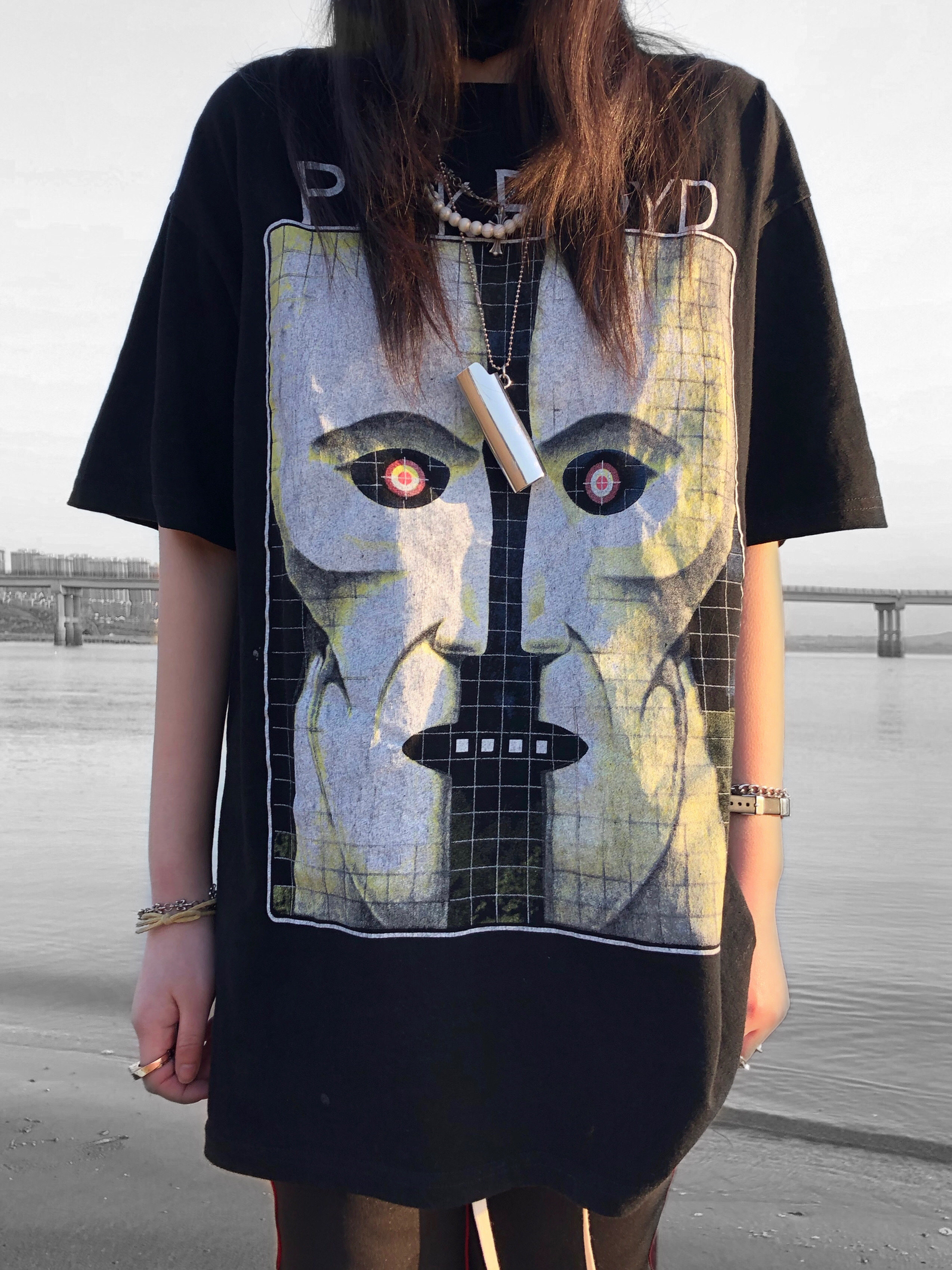 vintage白鬼pinkfloyd摇滚水洗做旧复古短袖fog高街t恤比伯同款