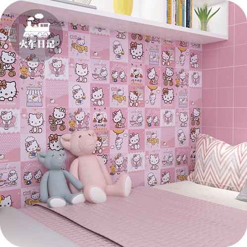 粉色卡通Kitty花砖儿童房幼儿园瓷砖墙砖防滑地砖厨房简约格子300