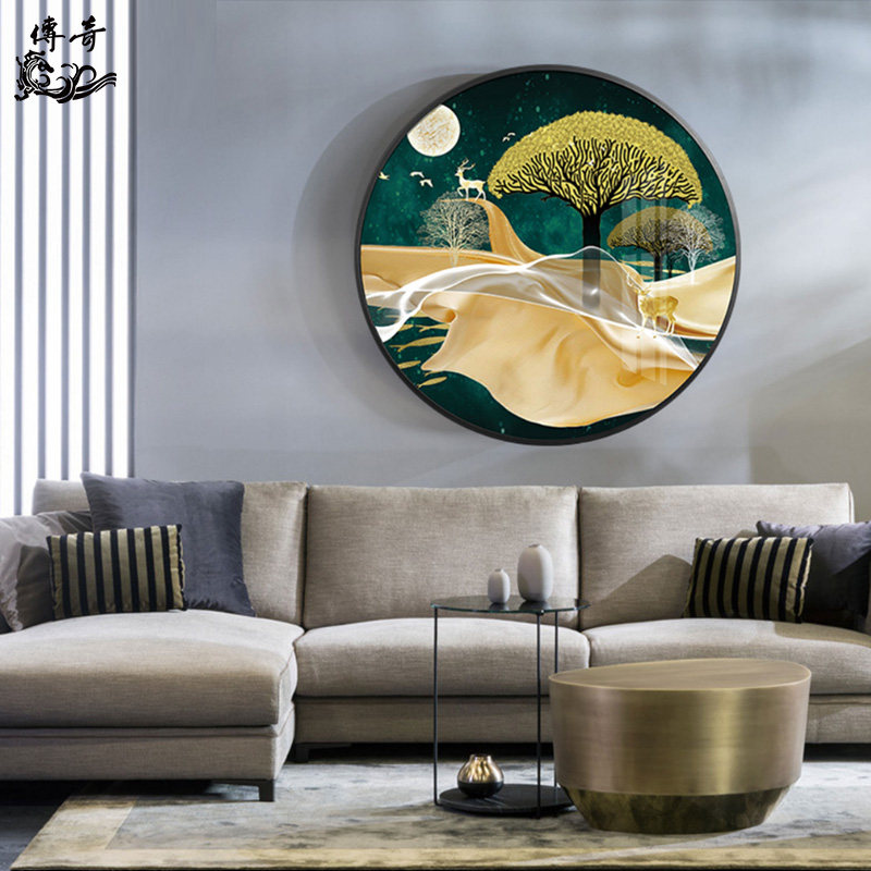 晶瓷画圆形画客厅餐厅卧室新中式风格现代抽象麋鹿意境玄关装饰画