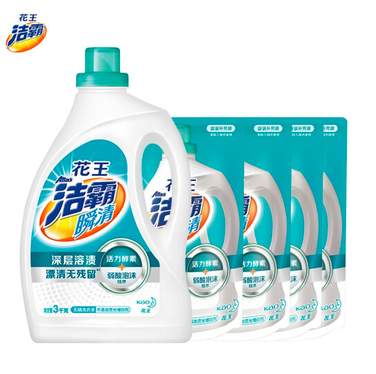 花王洁霸attack瞬清无磷原味清香洗衣液18斤整箱(3kg 1.5kg*4)