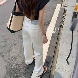 Boyiyiyi三衣牛仔裤女68235夏季高腰窄版阔腿裤白色显瘦直筒裤潮