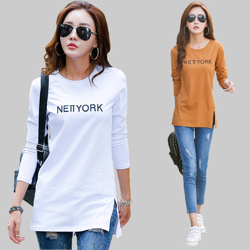 长袖t恤女纯棉2022春季新款大码宽松上衣韩版百搭中长款打底衫潮
