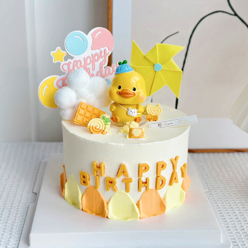 网红挎包小黄鸭跳跳鸭加油鸭气球风车儿童生日蛋糕装饰甜品台摆件