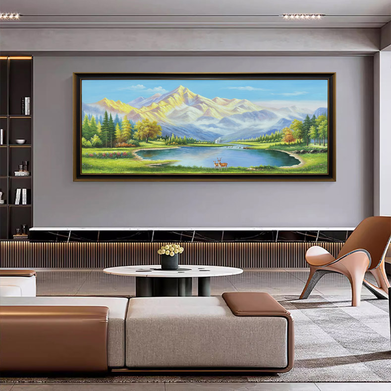 沙发背景墙手绘油画日照金山现代简约客厅装饰画山水风景挂画美式