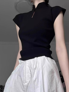 黑色短袖t恤女夏季2024新款修身显瘦中式国风正肩针织衫飞袖上衣