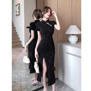 黑色连衣裙女短袖夏季薄款2024新款新中式国风改良旗袍开叉包臀裙