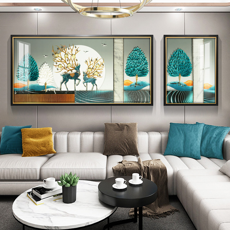 现代简约轻奢羽毛鹿装饰画沙发背景墙实物画客厅横向3d立体墙壁画
