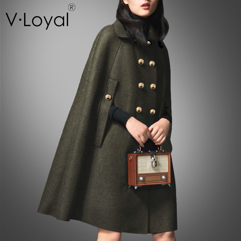 vloyal秋冬新品军风斗篷大衣欧美气质时尚a字披风毛呢外套女