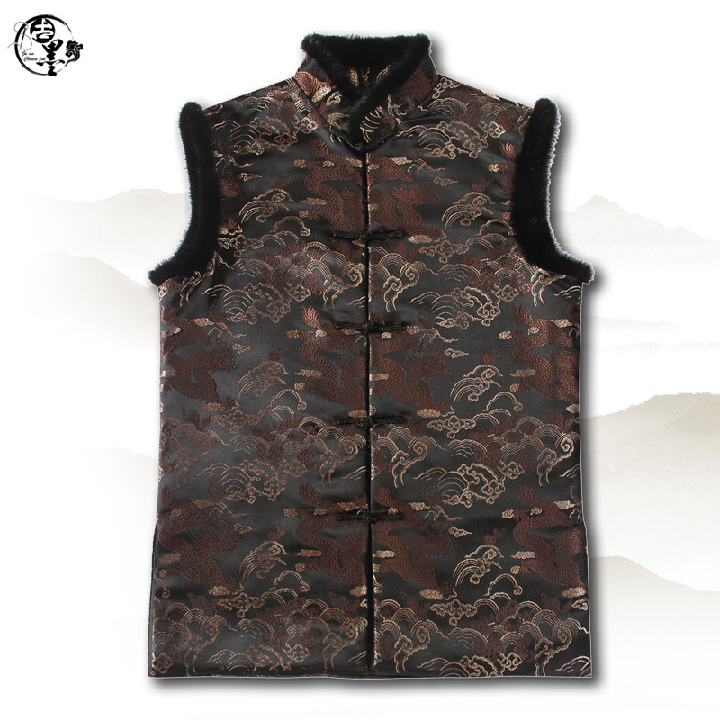 古墨中国风古装马甲背心宽松加棉男装改良中式水貂毛小坎肩外穿冬