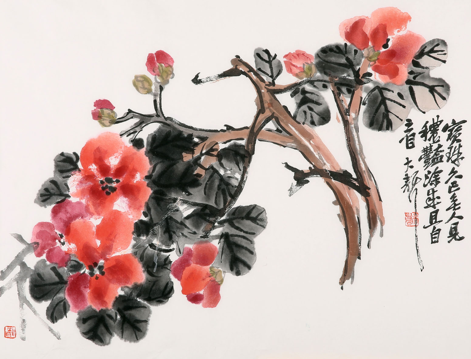 国画写意茶花作品题字图片