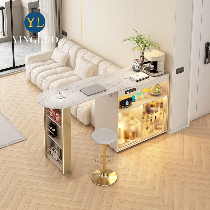 奶油风伸缩吧台餐边柜餐桌一体可移动家用小户型沙发边双面隔断柜