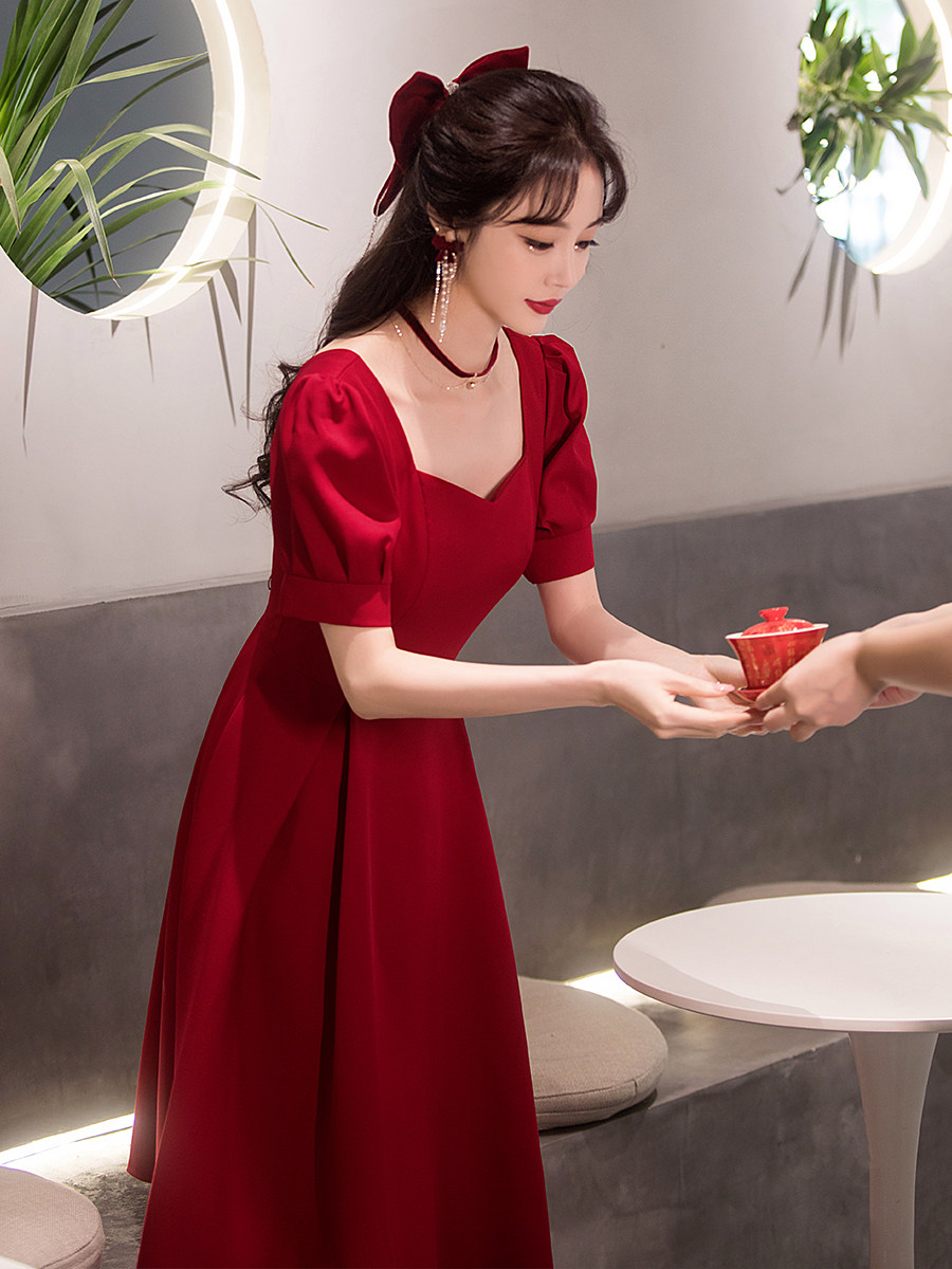 敬酒服新娘夏高腰大码孕妇平时可穿酒红色结婚订婚回门气质连衣裙