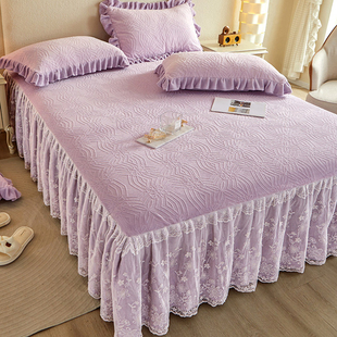 牛奶绒床裙式床罩单件加厚床单三件套珊瑚绒蕾丝花边床围保暖冬季