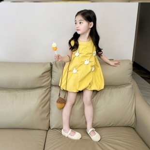 女童连衣裙 2024夏新款小鸭子黄色裙子儿童韩版洋气小裙子简约