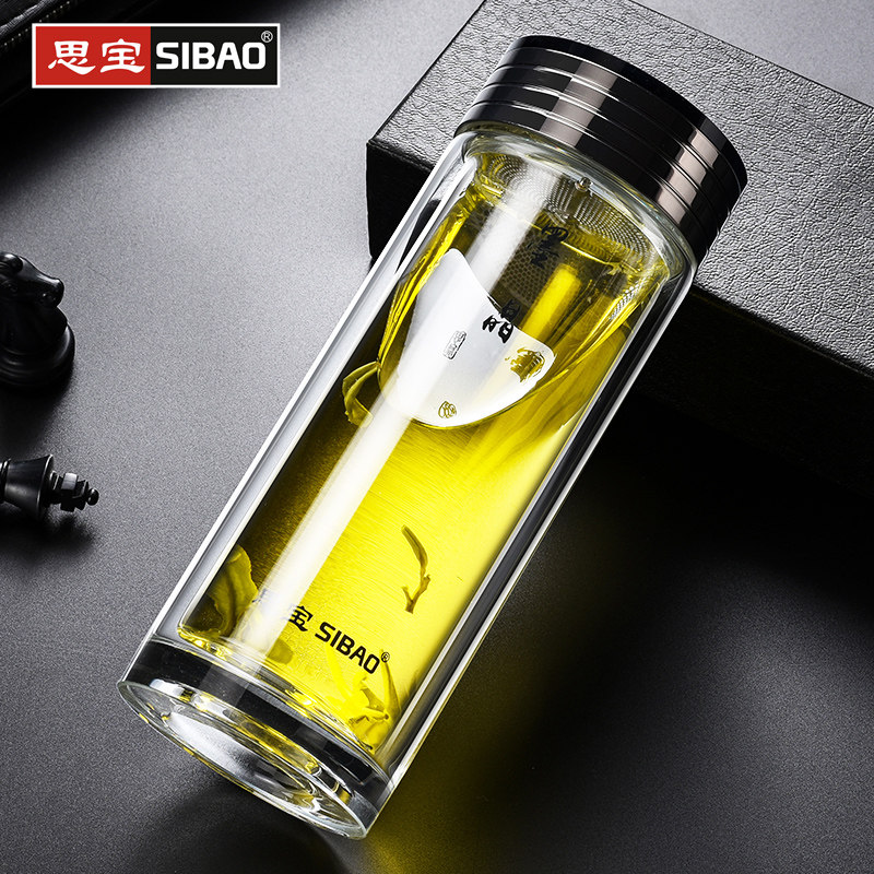 思宝玻璃杯男士女商务车载水杯墨晶双层隔热杯子水晶茶杯个人专用