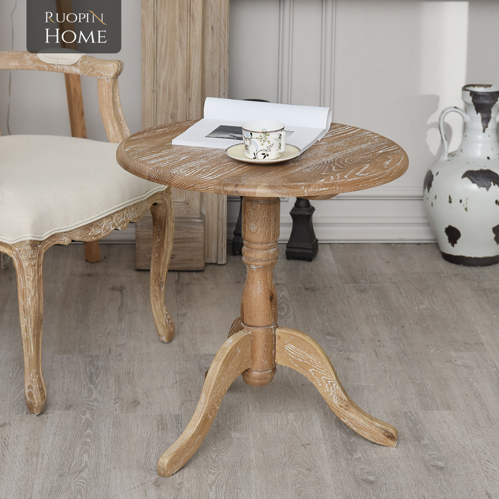 法式实木小圆几_美式法式欧式北美白橡木小圆桌实木复古做旧茶几小圆