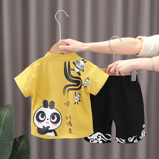 韩系男童短袖套装2024夏季民族风童装宝宝棉麻汉服套装儿童复古套