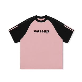 WASSUP HEODS 夏季国潮牌三条杠短袖T恤男女情侣纯棉美式重磅上衣