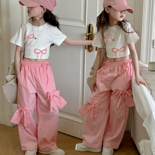 甜美风珍珠短袖T恤设计感蝴蝶结粉色工装裤套装女童夏季2024新款
