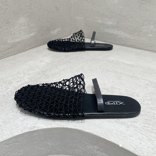 XFMD女鞋欧洲站2024年夏季新款真皮网面镂空洞洞鞋时尚一脚蹬凉鞋