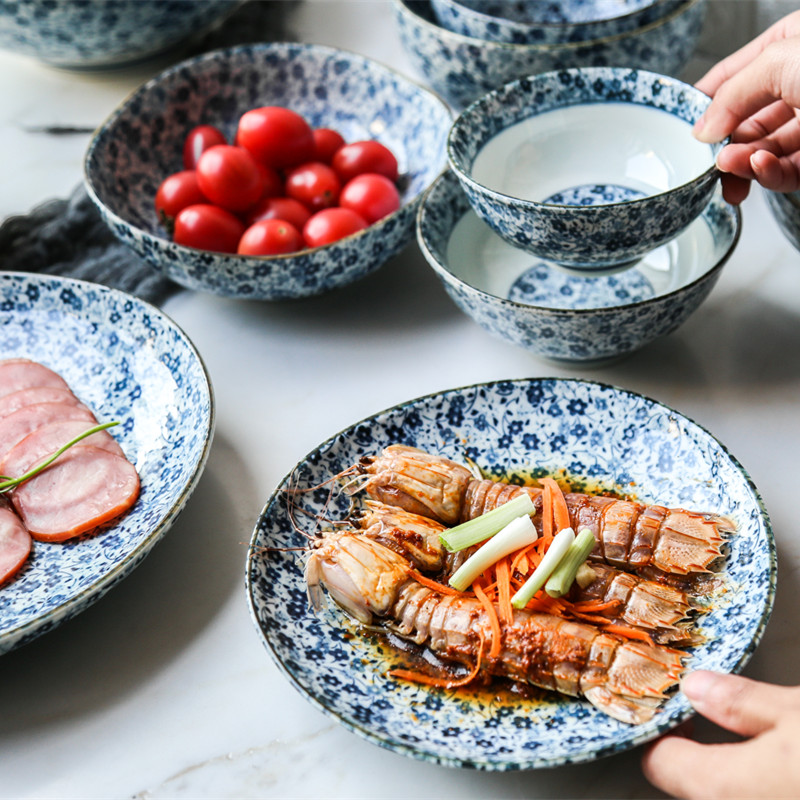 日本碗原装进口家用复古盘子碗套装日式定食小花餐具和风精致陶瓷