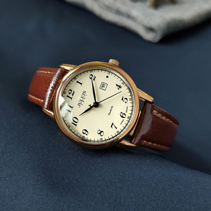 聚利时复古日历情侣表大小盘数字刻度男生皮带手表女士防水石英表